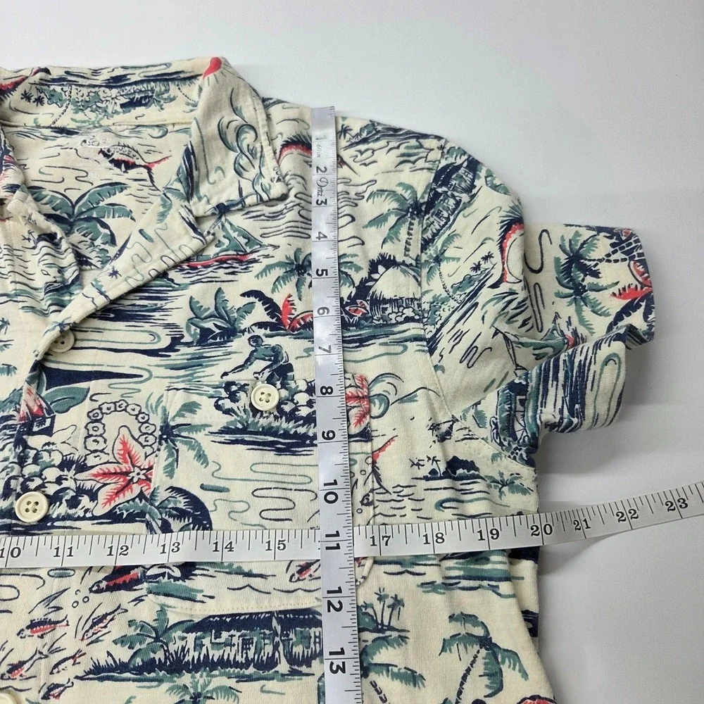 J Crew Loop Collar Shirt Men Slub Cotton Hawaiian Print Short Sleeve Button Up M